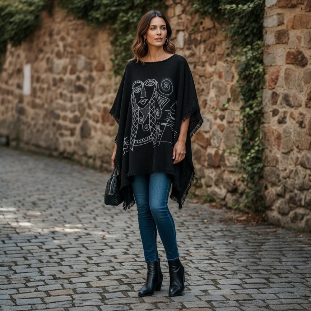Dilemma New York Black White Abstract Art to wear Fringe Poncho Top OSFA